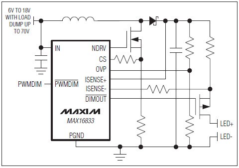 Application Circuit Diagram - Analog Devices / Maxim Integrated MAX16833 High Voltage HB LED Drivers