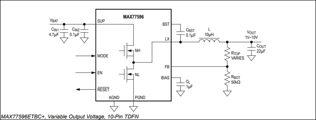 Application Circuit Diagram - Analog Devices / Maxim Integrated MAX77596 Synchronous Step-Down Buck Converter