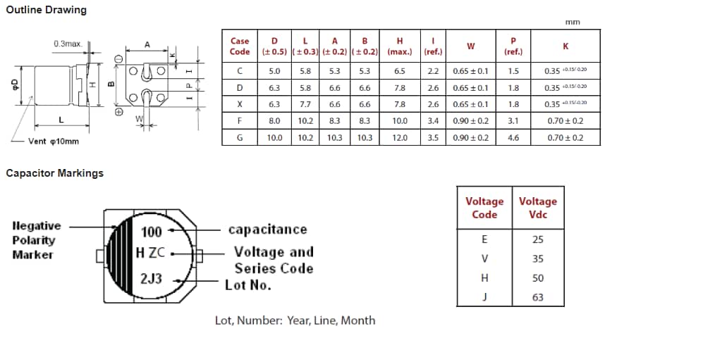 Mechanical Drawing - Cornell Dubilier / Knowles HZC SMT Hybrid Polymer Capacitors
