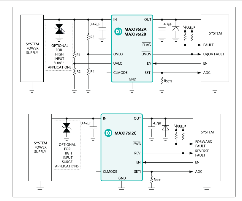 Application Circuit Diagram - Analog Devices / Maxim Integrated MAX17612A/MAX17612B/MAX17612C Protection ICs