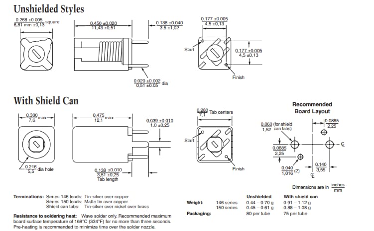 Mechanical Drawing - Coilcraft 146/150 Series 7mm Tunable RF Coils
