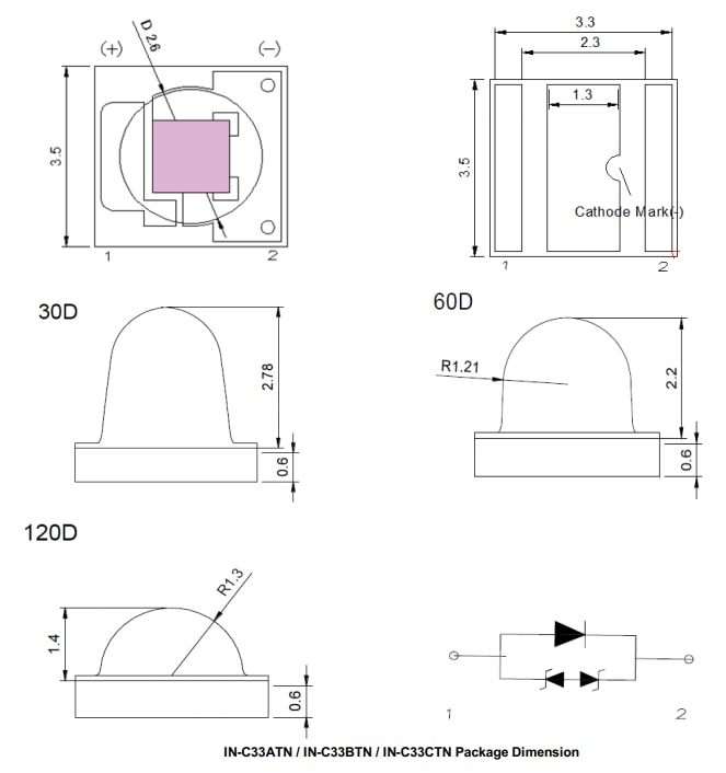 Mechanical Drawing - Inolux IN-C33xTN 3535 UV LEDs