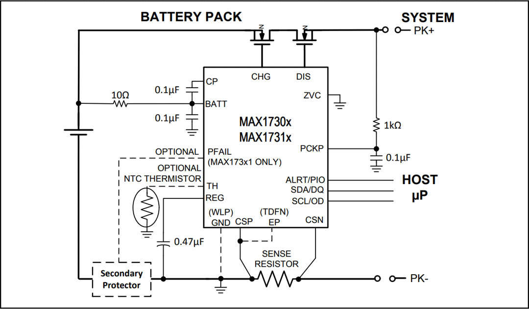 Application Circuit Diagram - Analog Devices / Maxim Integrated MAX17301–MAX17303/MAX17311–MAX17313 Fuel Gauges