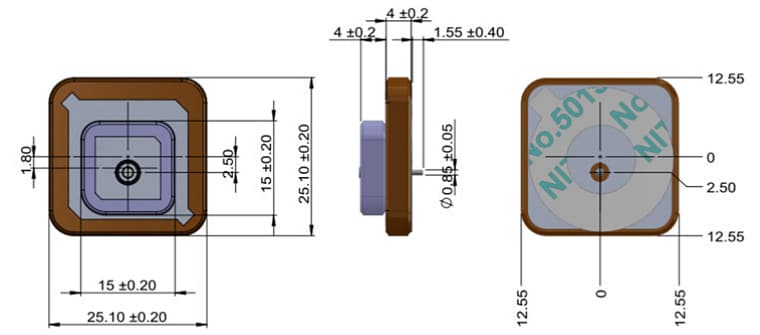 Mechanical Drawing - Abracon APARM2508S-SGL2L5 Stacked Patch Antenna