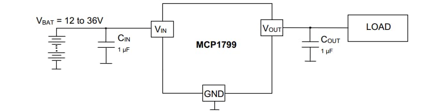 Application Circuit Diagram - Microchip Technology MCP1799 High-Voltage LDO Regulators
