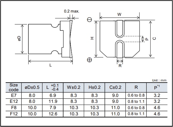 Mechanical Drawing - Panasonic SXV Conductive Polymer Aluminum Solid Capacitors