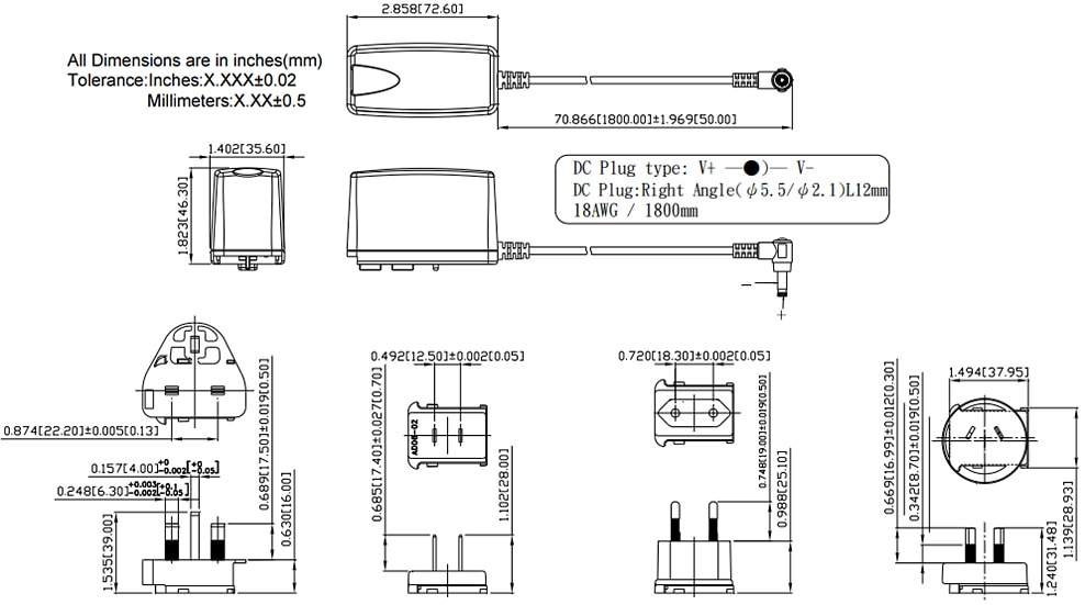 Mechanical Drawing - Cincon TRG10R 10W Switching Adapters