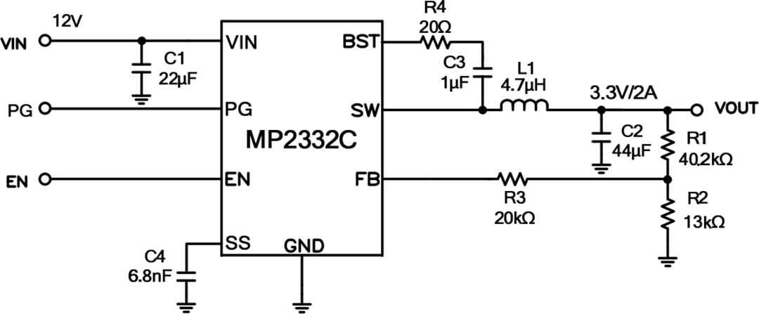 Application Circuit Diagram - Monolithic Power Systems (MPS) MP2332C 650kHz Synchronous Step-Down Converter