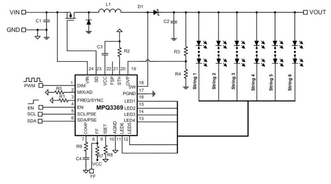 Application Circuit Diagram - Monolithic Power Systems (MPS) MPQ3369 Step-Up Converter
