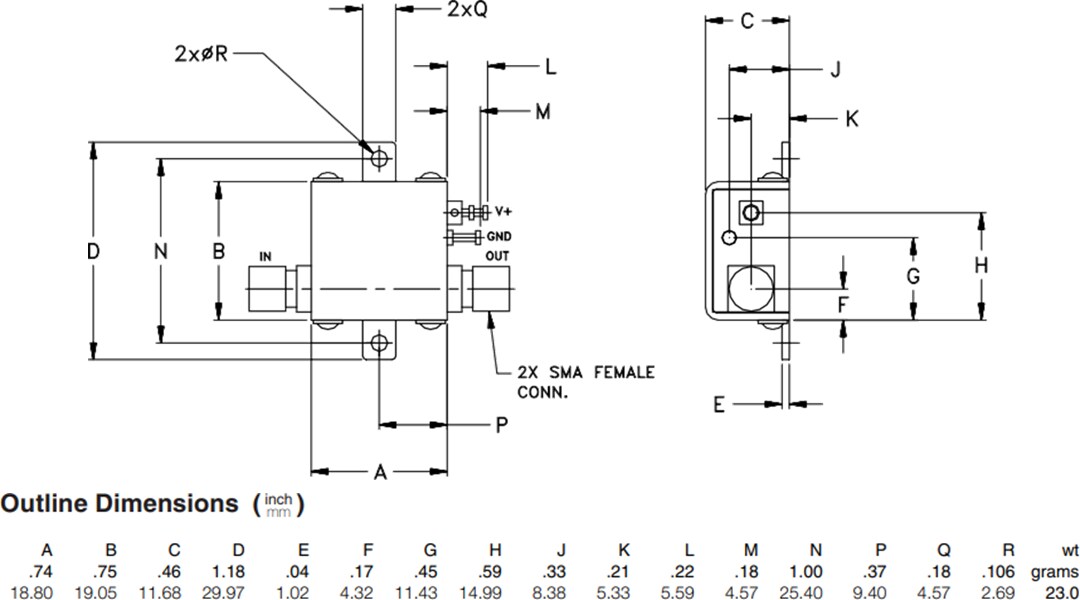 Mechanical Drawing - Mini-Circuits ZX60-53LN+ Low Noise Coaxial Amplifier