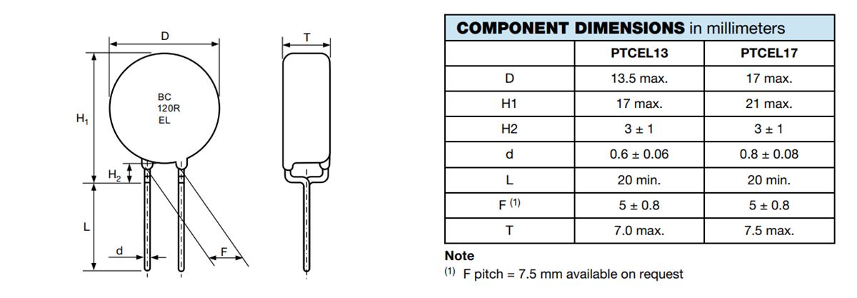 Mechanical Drawing - Vishay / BC Components PTCEL Inrush Current Limiting PTC Thermistors