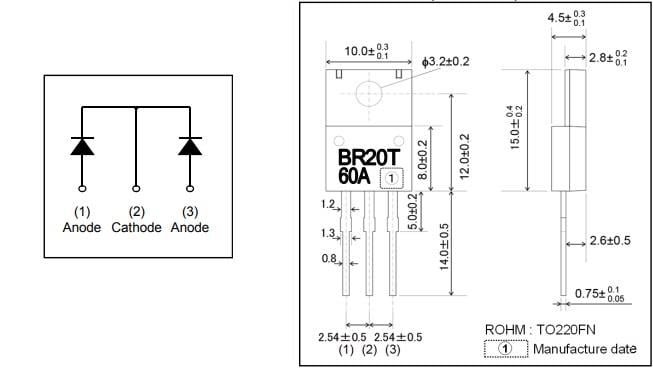 Mechanical Drawing - ROHM Semiconductor RBRxx60ANZ Low VF Type Schottky Barrier Diodes