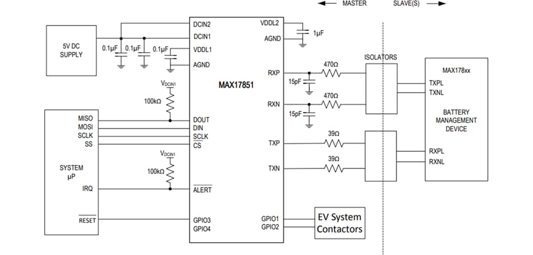 Application Circuit Diagram - Analog Devices / Maxim Integrated MAX17851 SPI to UART Safety Monitoring Bridge