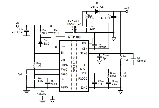 Application Circuit Diagram - Kinetic Technologies KTB1100 15W Flyback Regulator