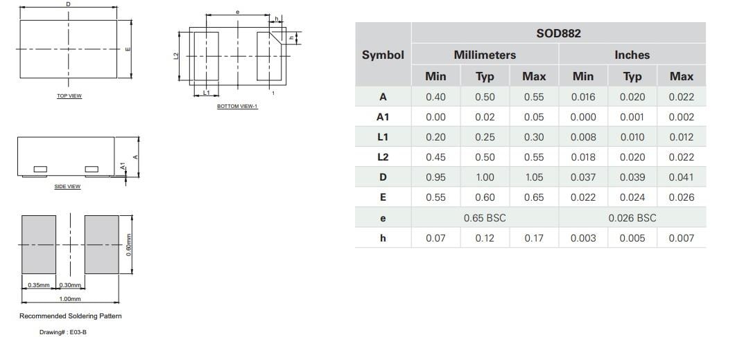 Mechanical Drawing - Littelfuse AQ1205-01ETG Bidirectional Discrete TVS Diode