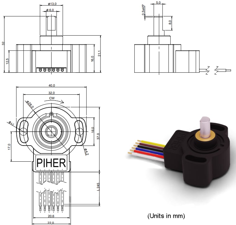 Mechanical Drawing - Amphenol Piher PSCM Multiturn Rotary Sensors