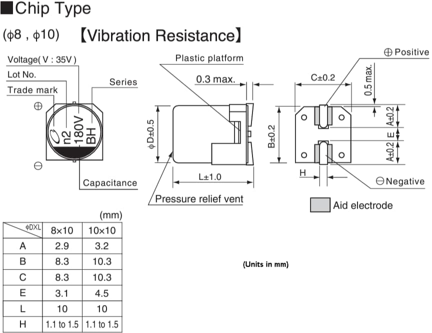 Mechanical Drawing - Nichicon UBH Aluminum Electrolytic Capacitors