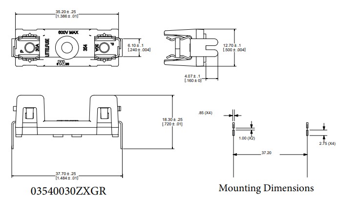 Mechanical Drawing - Littelfuse 354 PCB OMNI-BLOK® Molded Base Fuse Block