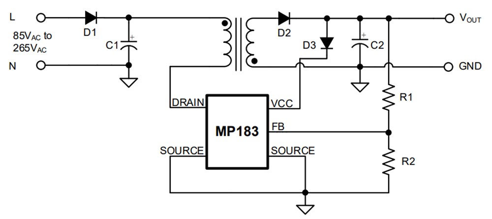 Application Circuit Diagram - Monolithic Power Systems (MPS) MP183 Zero Standby Buck Regulator