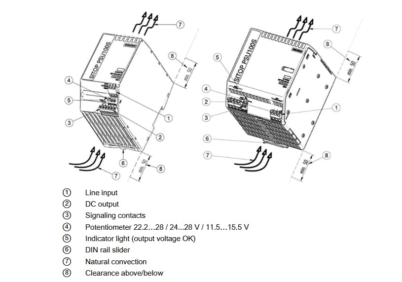 Mechanical Drawing - Siemens SITOP PSU100S Single-Phase DIN-Rail Power Supplies