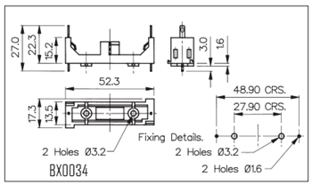 Mechanical Drawing - Bulgin BX Battery Holders