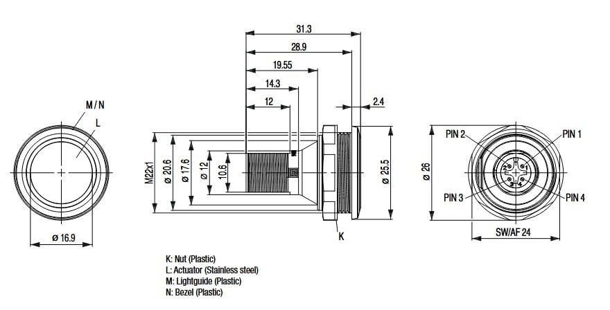 Mechanical Drawing - Schurter MSS-IO Metal Line Switches