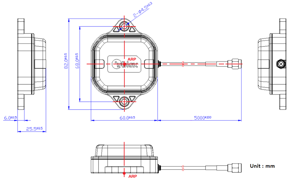 Mechanical Drawing - u-blox ANN-MB3 L1/L2/L5 Triple-Band GNSS Antennas