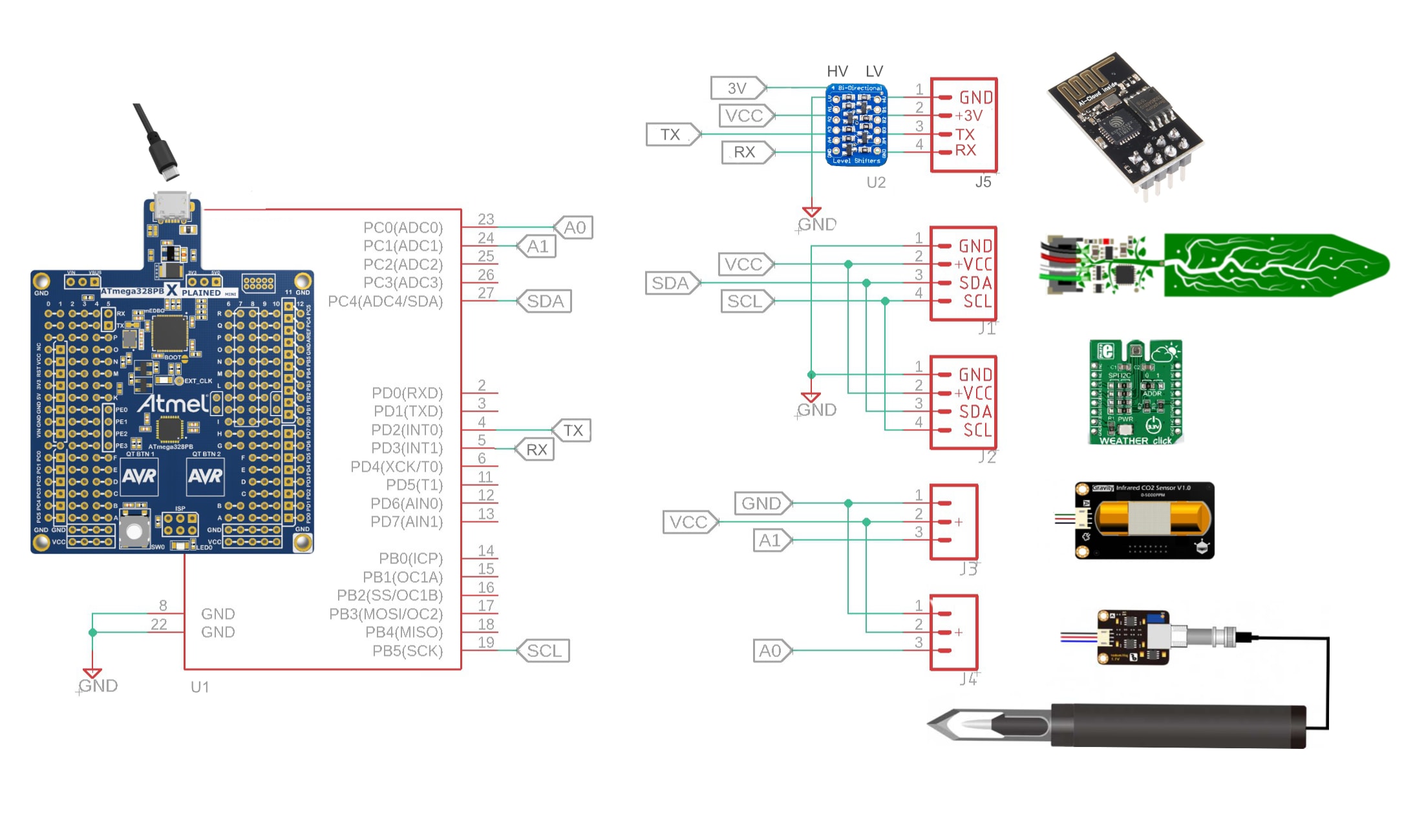 This wiring diagram illustrates all sensor connections in the plant health monitoring system.